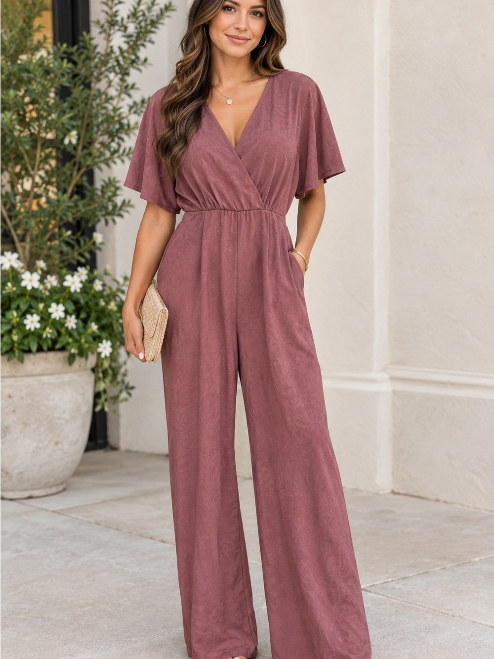 Greylin Mauve Wrap V-Neck Wide-Leg Jumpsuit NWT Large